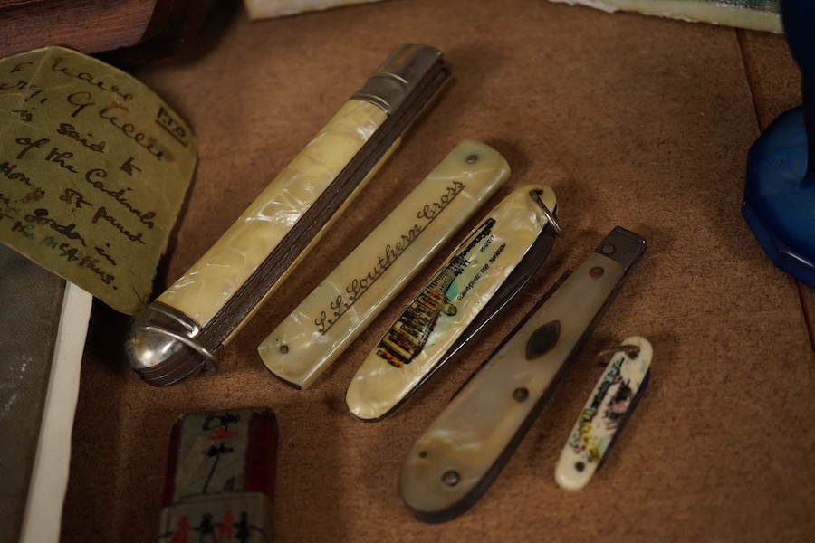 Miscellaneous items to include pen knives, a rosary bead necklace with paper label reading ‘said to have belonged to Mary Queen of Scots..’, a 19th century sketch book dated 1864 and lion head door knocker. Condition - v